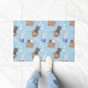 Felpudo Gatos en caja y gotas de leche en azul