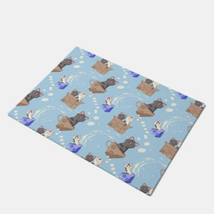 Felpudo Gatos en caja y gotas de leche en azul