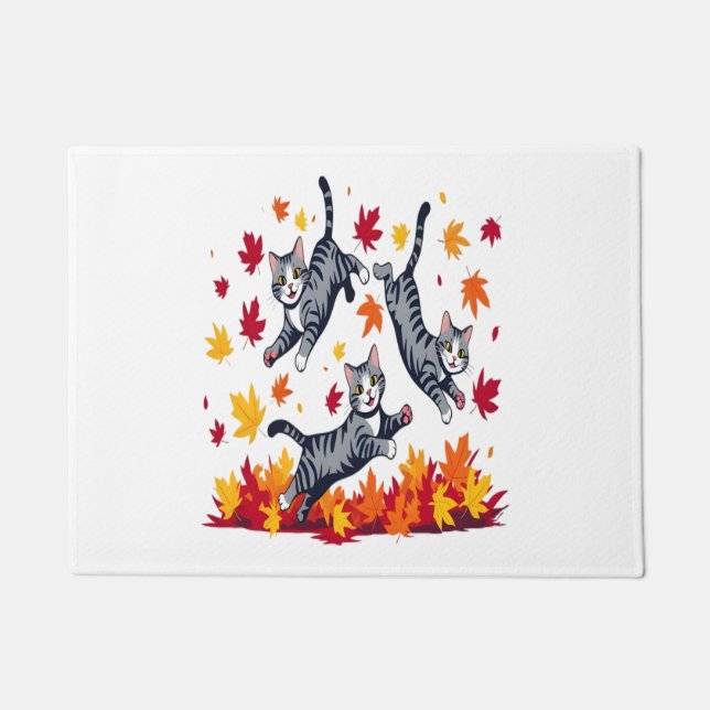 Felpudo Gatos jugando en hojas de otoño (Anverso)