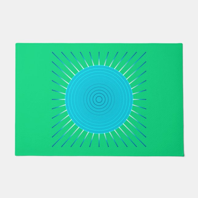 Felpudo Geométrica moderna Sunburst, Azul y Verde Jade (Anverso)