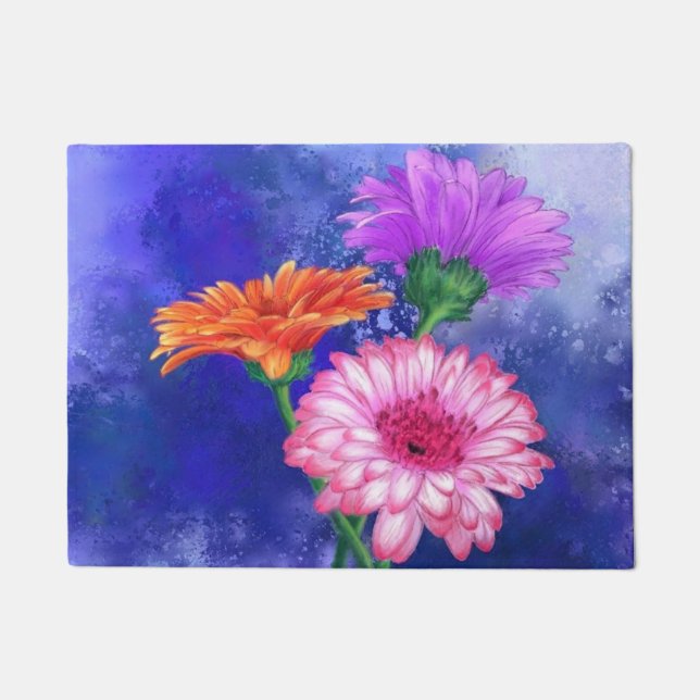 Felpudo Gerberas de tres colores - Arte de pintura acuarel (Anverso)