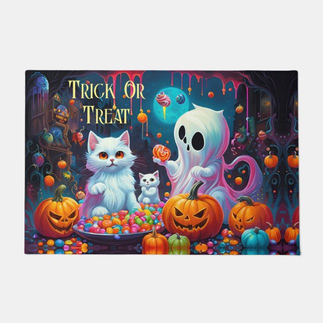 Felpudo Ghost Kitten Calabaza Trick O Trete Candy (Anverso)