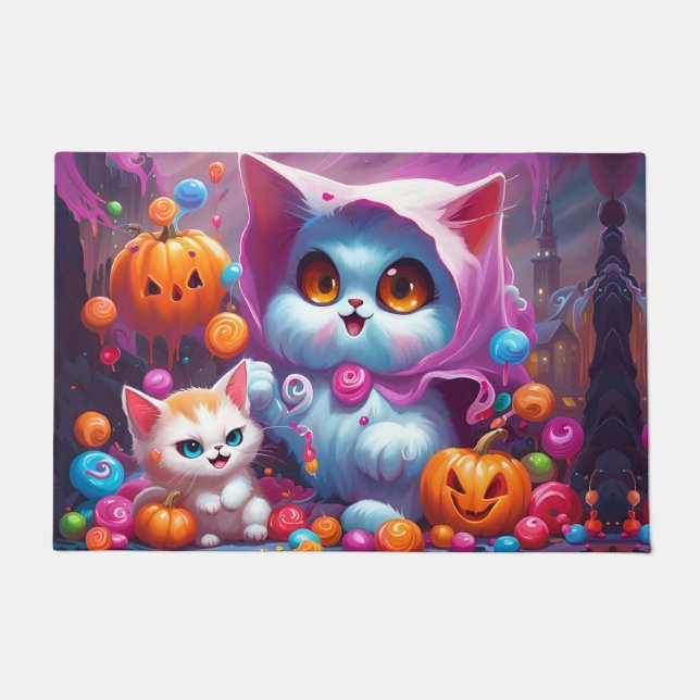 Felpudo Ghost Kitten Calabaza Trick O Trete Candy (Anverso)
