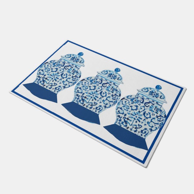 Felpudo Ginger blanco azul pintado a mano Jar Rug Doormat (Angular)