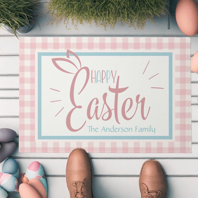 Felpudo Gingham Y Bunny Ears Feliz Pascua Personalizada (Gingham And Bunny Ears Happy Easter Personalized Doormat)