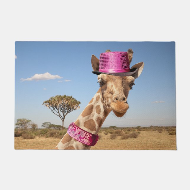Felpudo Giraffe en gorra rosa brillante (Anverso)