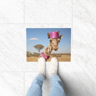Felpudo Giraffe en gorra rosa brillante