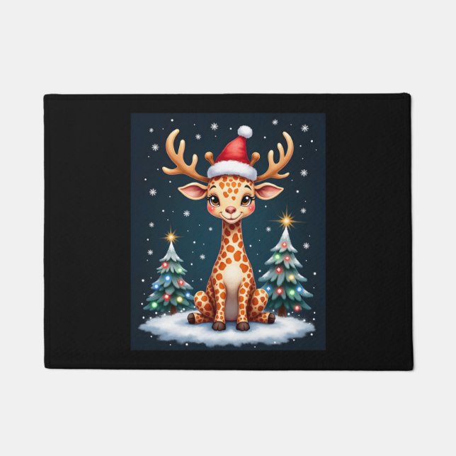 Felpudo Giraffe Gorra de renos Santa Christmas Tree Funny  (Anverso)