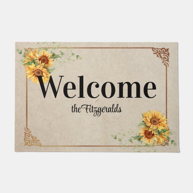 Felpudo Girasoles con marco vintage nombre personalizado (Anverso)