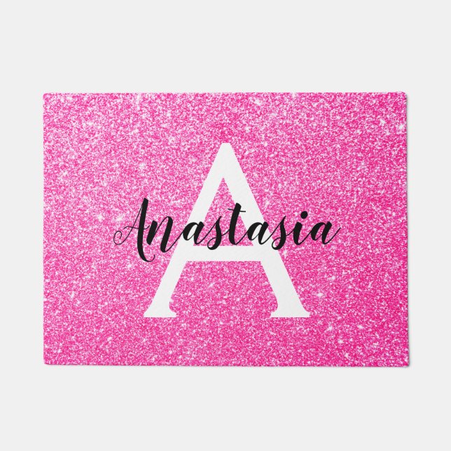 Felpudo Girly Glam Purpurina rosa caliente Esparkles Monog (Anverso)