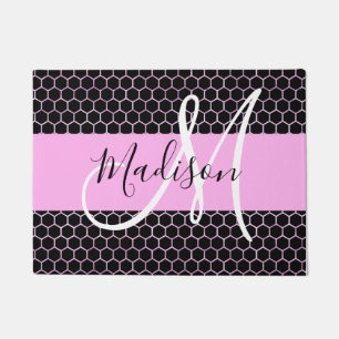 Felpudo Glam Black Metallic Pink Honeycomb Monograma Nombr