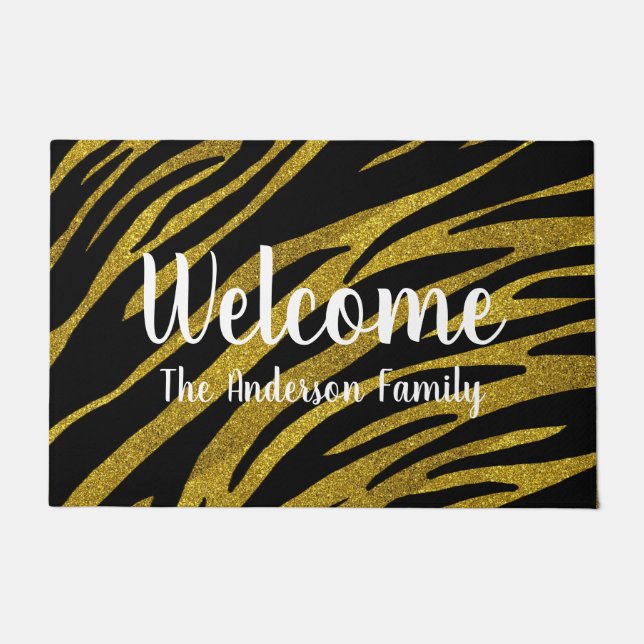 Felpudo Glam Black Zebra Stripes & Faux Gold Purpurina (Anverso)