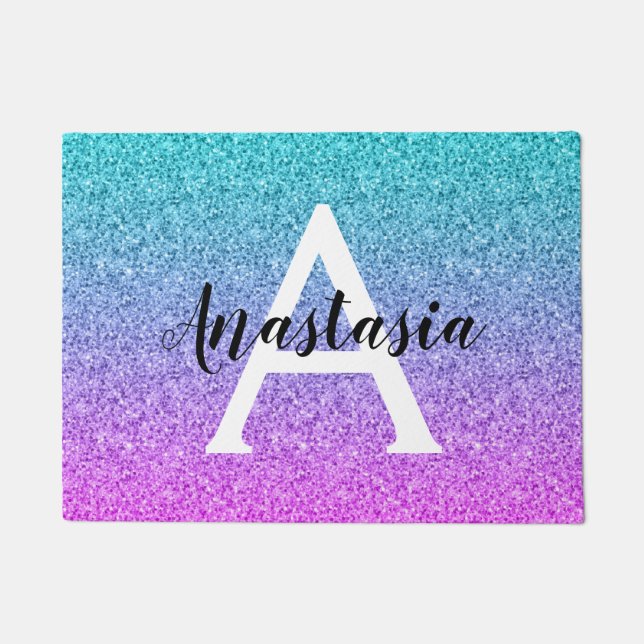 Felpudo Glam Purple Aqua Purpurina Sparkle Gradiente Monog (Anverso)