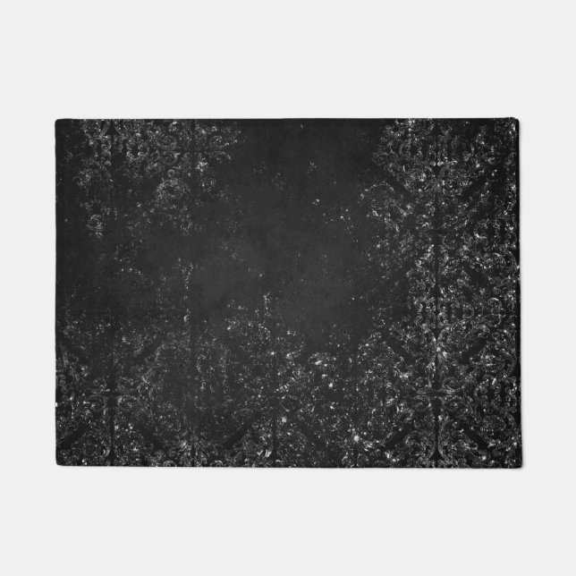 Felpudo Glimmery Onyx Grunge | Silvery Black Glam Damask (Anverso)