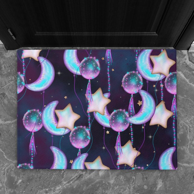 Felpudo Globos cósmicos | Planetas Blue Purple Moon Stars (Subido por el creador)