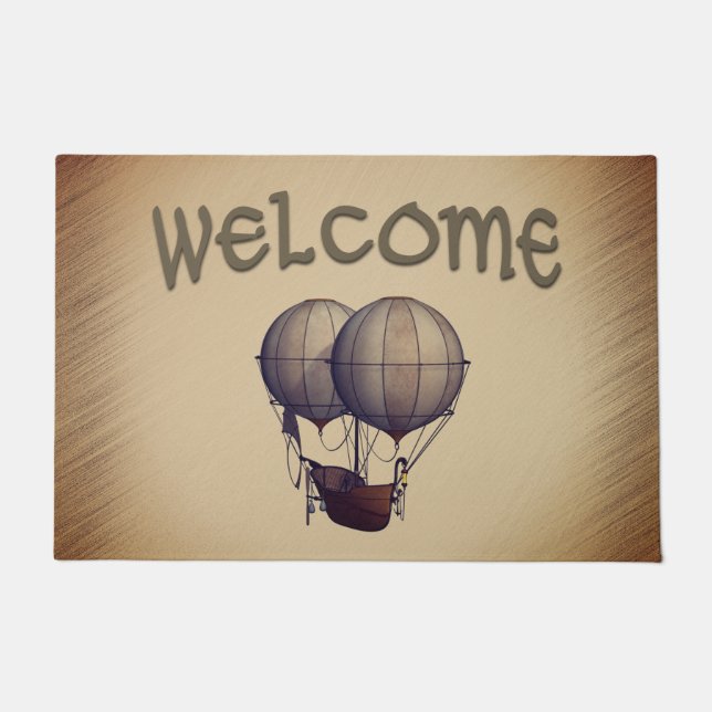 Felpudo Globos de aire caliente de Steampunk con bienvenid (Anverso)