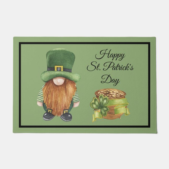 Felpudo Gnome Green Shamrock Pot of Gold (Anverso)