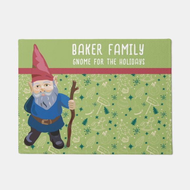 Felpudo Gnome rojo verde y azul para el invierno festivo (Anverso)