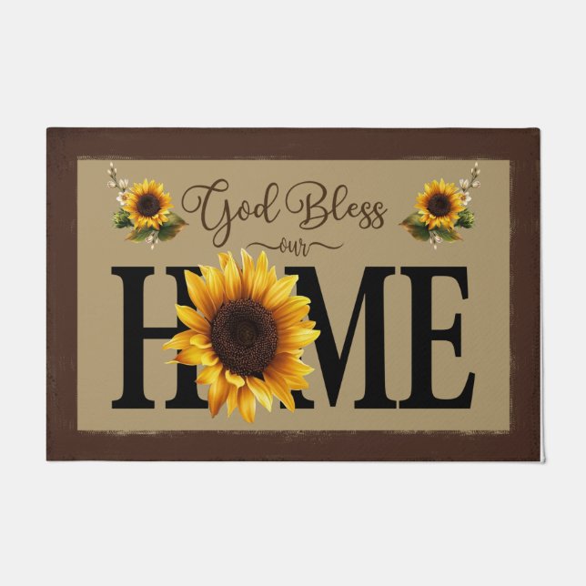 Felpudo God Bless Our Home, Cute Sunflowers  (Anverso)
