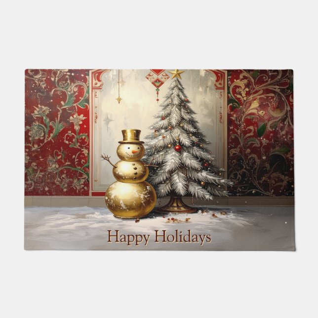Felpudo Gold Snowman Christmas Tree Holiday Doormat (Anverso)