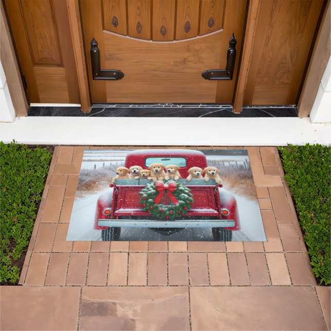 Felpudo Golden Retriever Cuppies En Camión De Navidades Ro (Exterior)