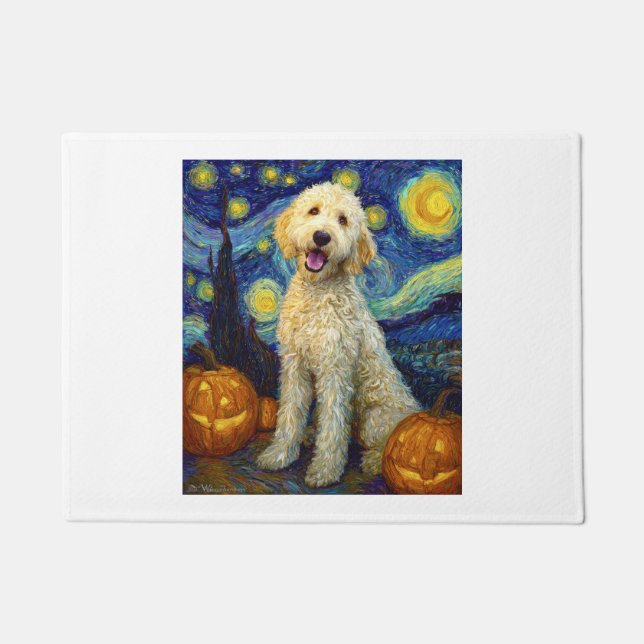 Felpudo Goldendoodle Perro Lindo Halloween Jack O Lantern  (Anverso)