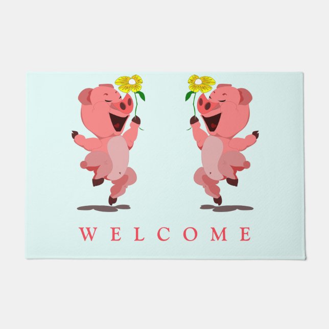 Felpudo Gracioso Doormat con feliz cerdo - Bienvenida (Anverso)