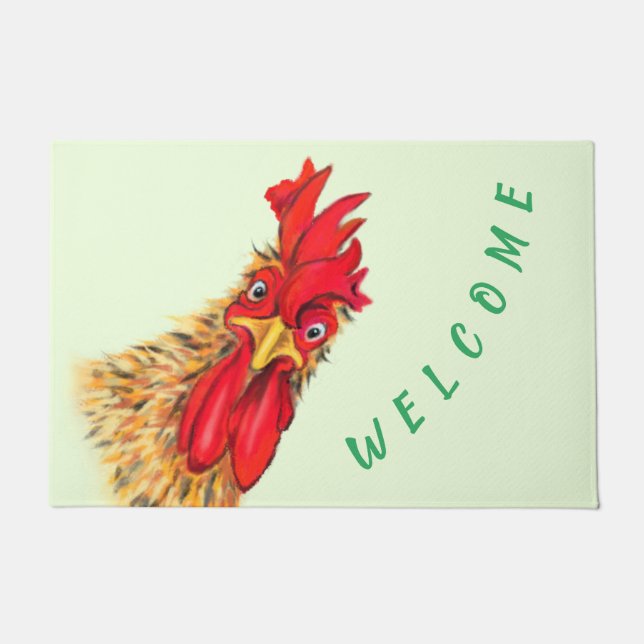Felpudo Gracioso Doormat con gallo sorprendido - Texto Per (Anverso)
