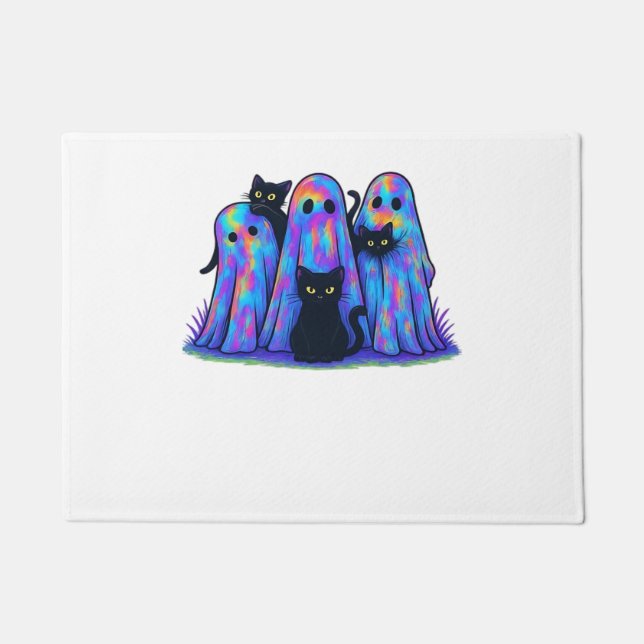 Felpudo Gracioso gato negro y fantasma Halloween esencial  (Anverso)