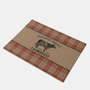 Felpudo Granja de familia Rústica Vaca Red Plaid Burlap