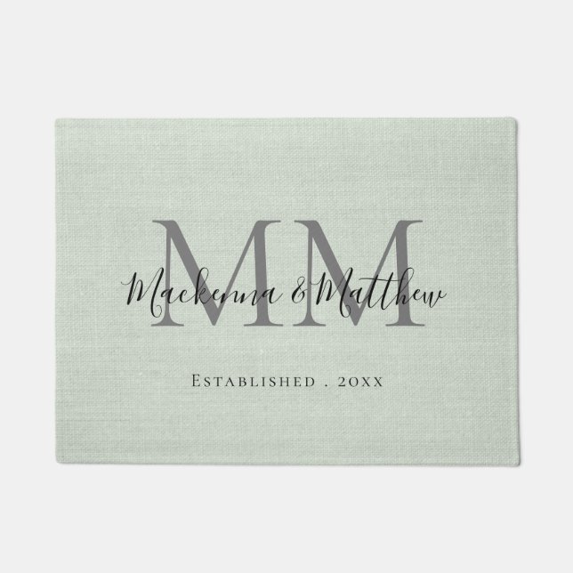 Felpudo Granja Monograma Burlap Personalizado Sage Verde  (Anverso)