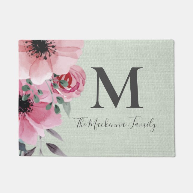 Felpudo Granja Monograma Burlap Personalizado Sage Verde (Anverso)