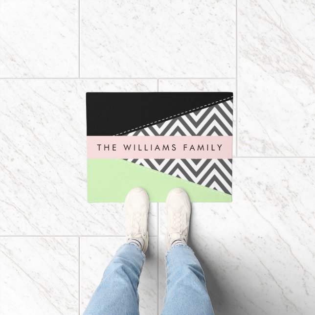 Felpudo Gray Zigzag, Gray Chevron, Mint, Su Nombre (Interior)
