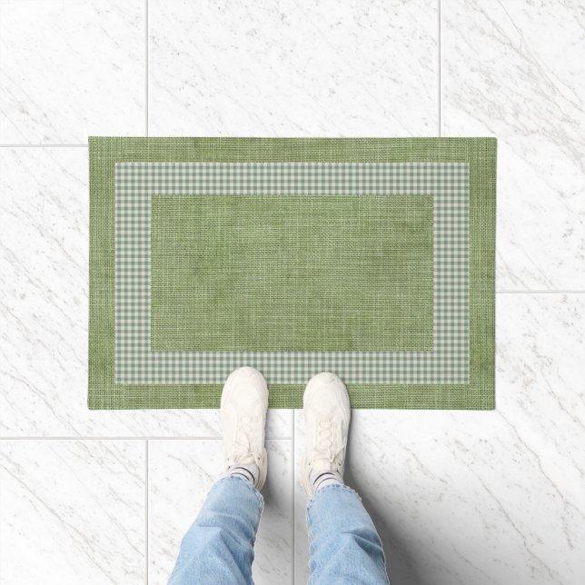 Felpudo Green Linen y Gingham Check Kitchen Mat (Interior)
