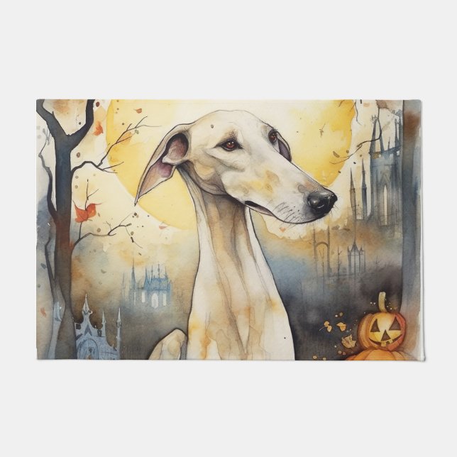 Felpudo Greyhound de Halloween con calabazas asustadas (Anverso)