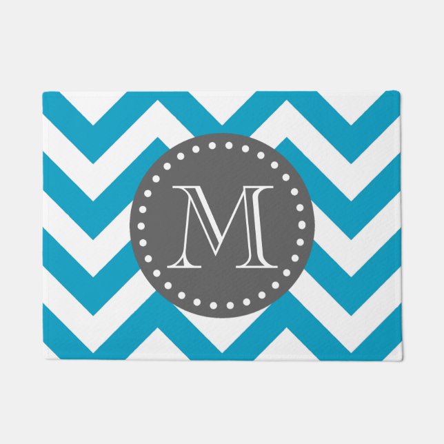 Felpudo Gris azul Zigzag Chevron Monograma (Anverso)