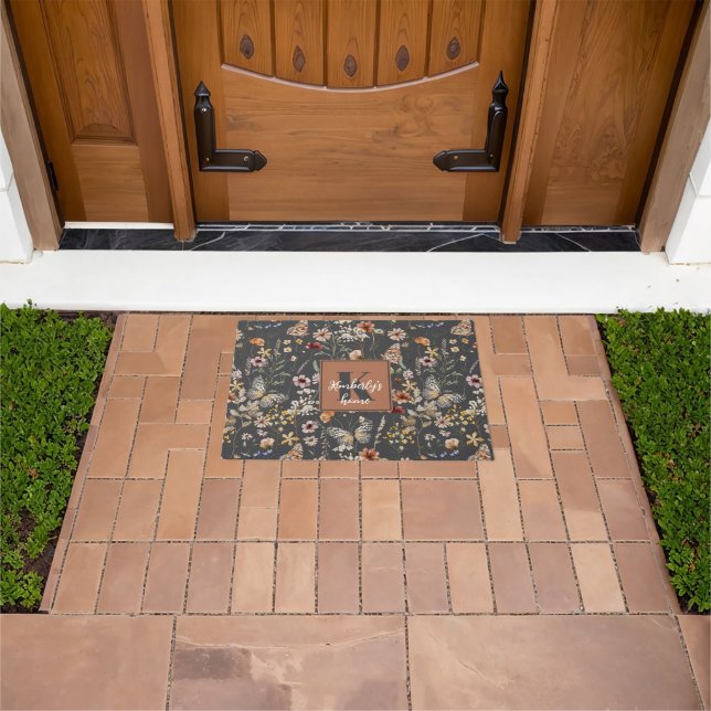 Felpudo Gris Carbón Boho Floral Monogramado (Exterior)