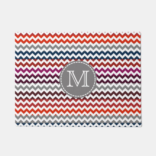 Felpudo Gris Rojo Gris Chevron Zigzag Monograma (Anverso)