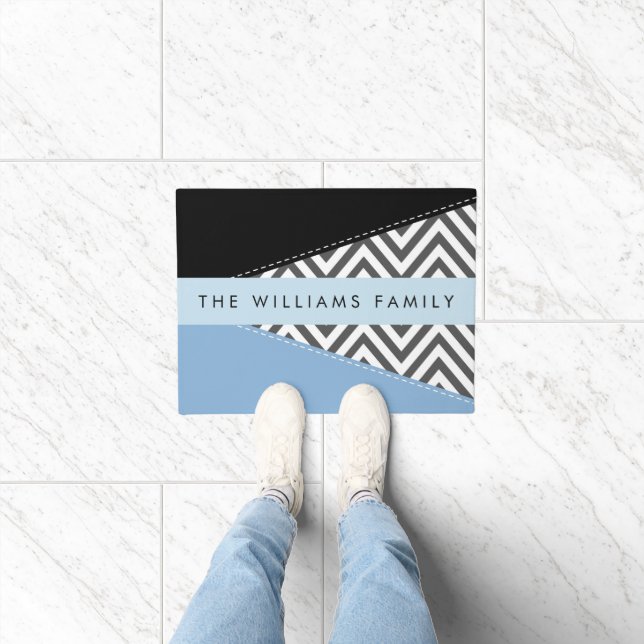 Felpudo Gris Zigzag, Gris Chevron, Azul, Tu Nombre (Interior)