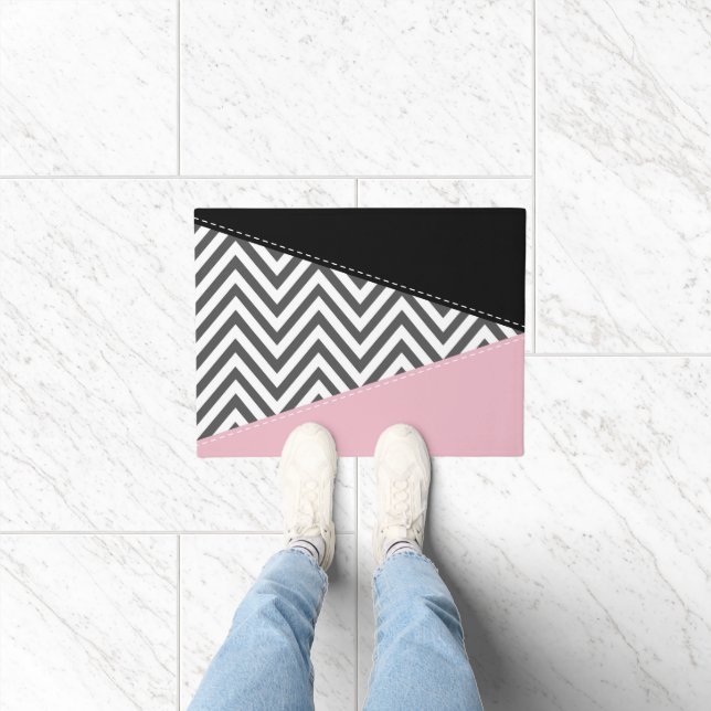 Felpudo Gris Zigzag, Gris Chevron, Zigzag Pattern, Rosa (Interior)