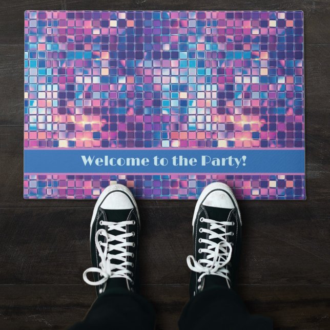 Felpudo Groovy Blue & Purple Disco Ball Personalizado (Groovy blue and purple disco ball personalized doormat)
