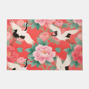 Felpudo Grullas Japonesas Peonías Rojo Chinoiserie Eleganc