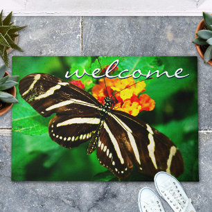 Felpudo Guión de bienvenida Foto de mariposa franja blanca