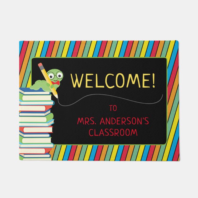 Felpudo Gusano de biblioteca cute | Maestra de franjas col (Anverso)