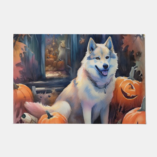 Felpudo Halloween Alaskan Malamute con calabazas aterrador (Anverso)