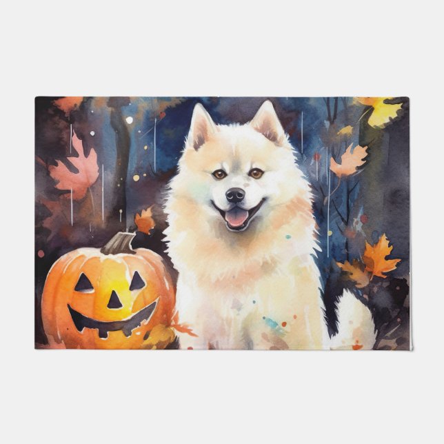 Felpudo Halloween American Akita con calabazas aterradoras (Anverso)