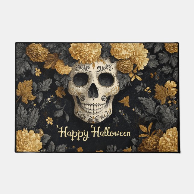 Felpudo Halloween Bone White Skull with Golden Marigolds (Anverso)