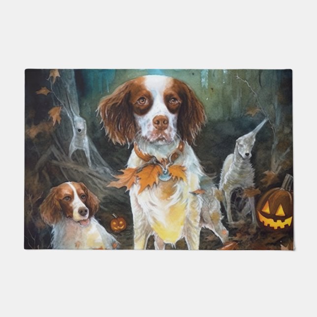 Felpudo Halloween Brittany Spaniel con calabazas aterrador (Anverso)