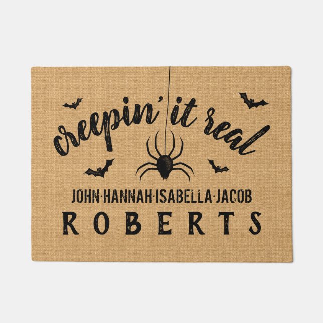 Felpudo Halloween Creepin él arpillera rústica de encargo (Anverso)