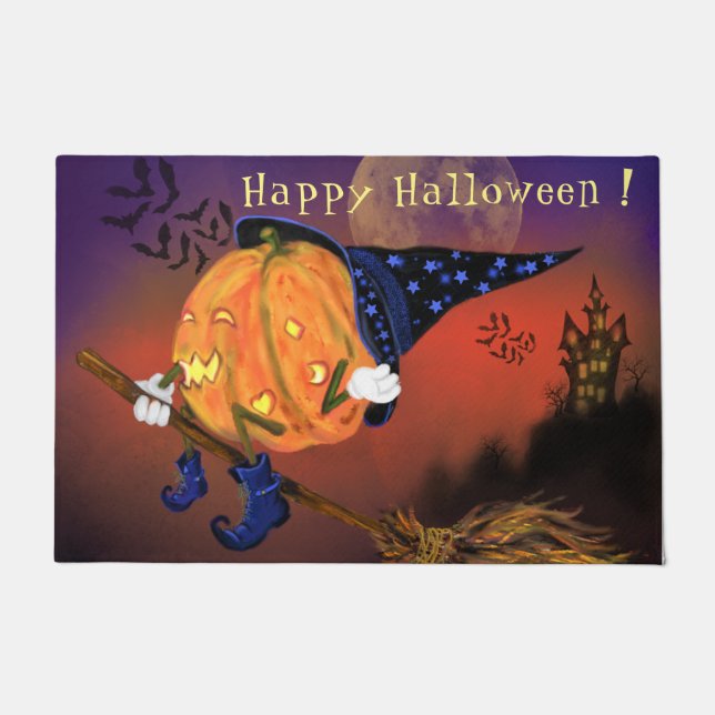 Felpudo Halloween Doormat Witch Pumpkin Flying Broom (Anverso)